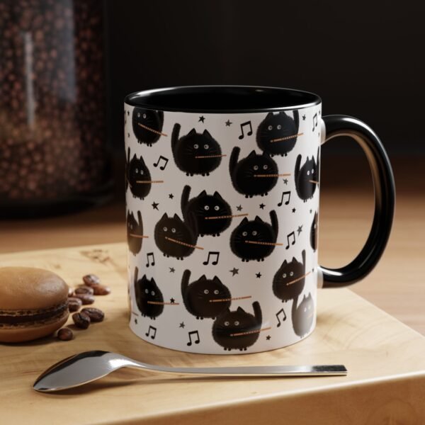 Fuzzy Black Cat Flute Choir Mug, Musical Gift for Music Teacher, Orchestra, Band Musician, 11oz, Color Inside