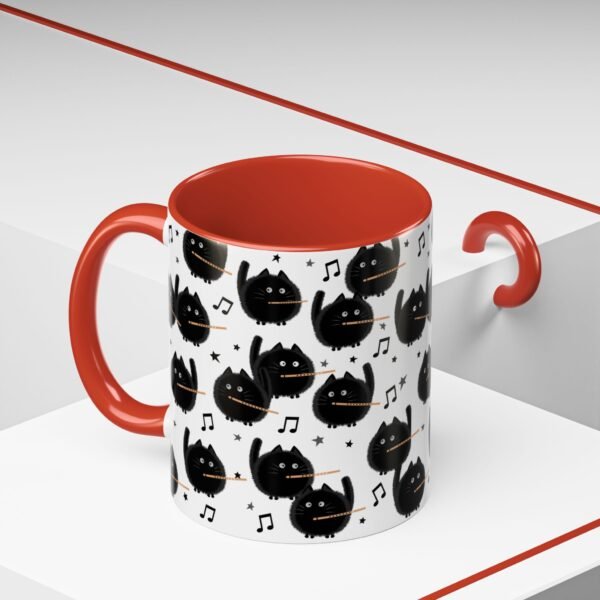 Fuzzy Black Cat Flute Choir Mug, Musical Gift for Music Teacher, Orchestra, Band Musician, 11oz, Color Inside