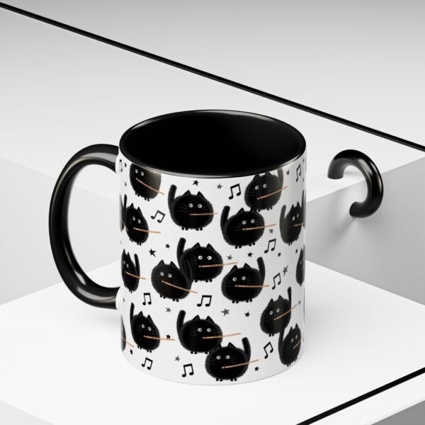 Fuzzy Black Cat Flute Choir Mug, Musical Gift for Music Teacher, Orchestra, Band Musician, 11oz, Color Inside