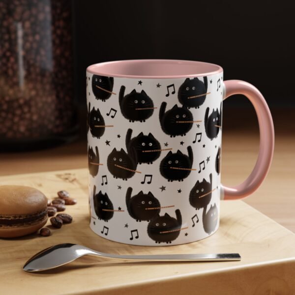 Fuzzy Black Cat Flute Choir Mug, Musical Gift for Music Teacher, Orchestra, Band Musician, 11oz, Color Inside