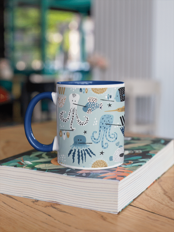 Musical Sea Animals Flute Choir Ceramic Mug 11oz, Color Inside, Music/Teacher Gift, Ocean Theme Drinkware