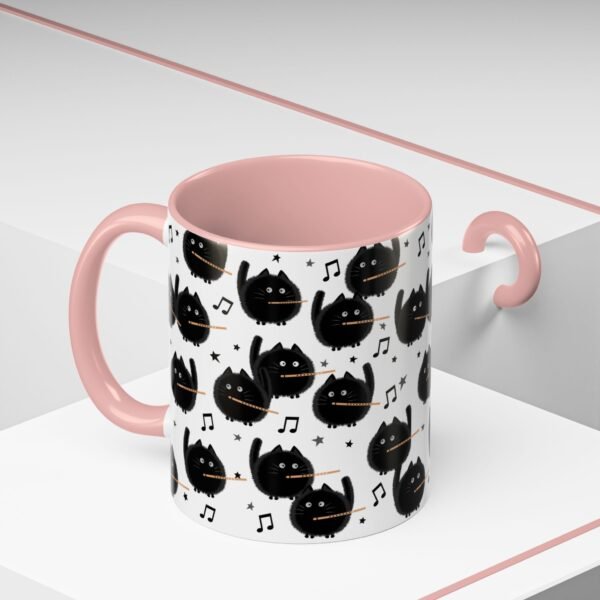 Fuzzy Black Cat Flute Choir Mug, Musical Gift for Music Teacher, Orchestra, Band Musician, 11oz, Color Inside