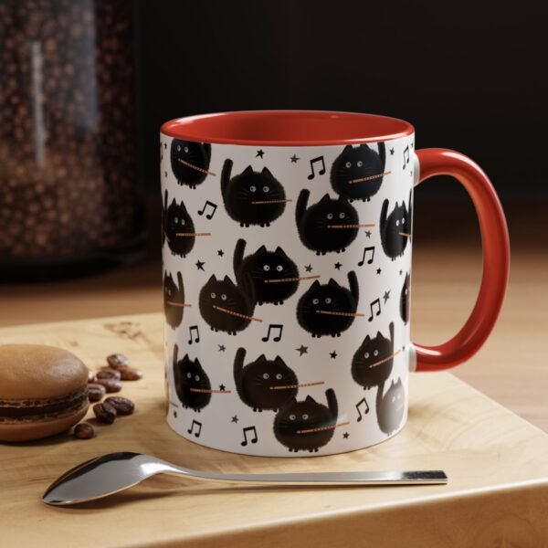 Fuzzy Black Cat Flute Choir Mug, Musical Gift for Music Teacher, Orchestra, Band Musician, 11oz, Color Inside