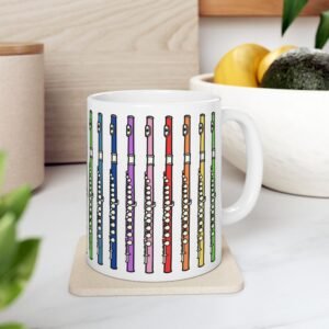 Colorful Flute Ceramic Mug, Music Lover Gift, Flute Player, Music Teacher Coffee Cup, Fun Musical Gift, Orchestra Band Gift 11oz or 15oz