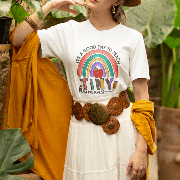 It's A Good Day to Teach Tiny Humans Unisex Teacher Tee, Gift for Educators, Teacher Appreciation, Classroom Shirt, Cute Rainbow Design