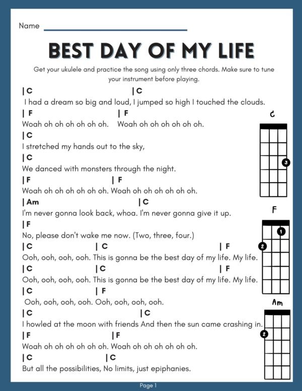 "Best Day of My Life" Ukulele Chord Chart & Sheet Music | Graduation Songs