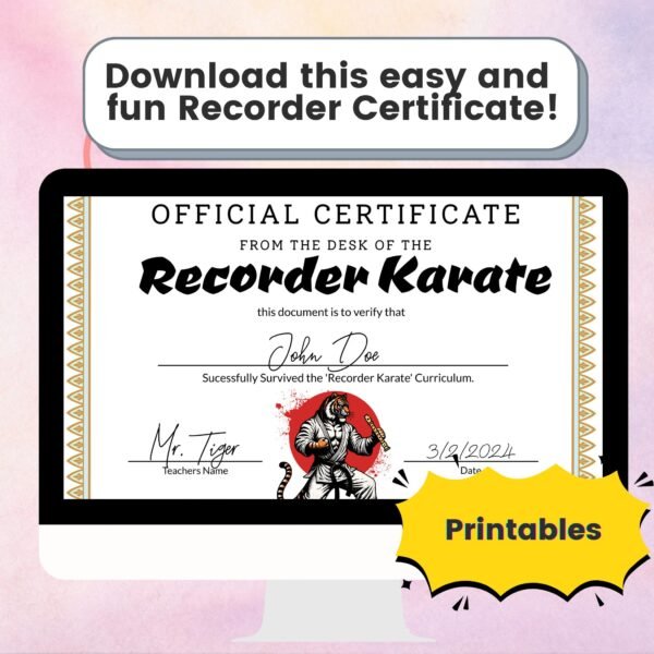Recorder Karate Certificate | Fun Music Award for Elementary Students