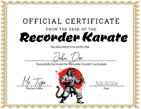 Recorder Karate Certificate | Fun Music Award for Elementary Students
