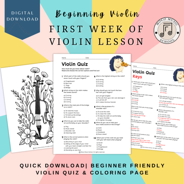 No Prep First Day of Violin Class- Quiz Worksheet, Answer Key, & Coloring Page