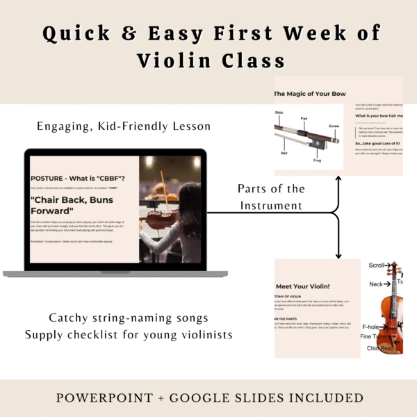 No Prep First Week of Violin Lesson Slides- Powerpoint + Google Slides Sub Plan