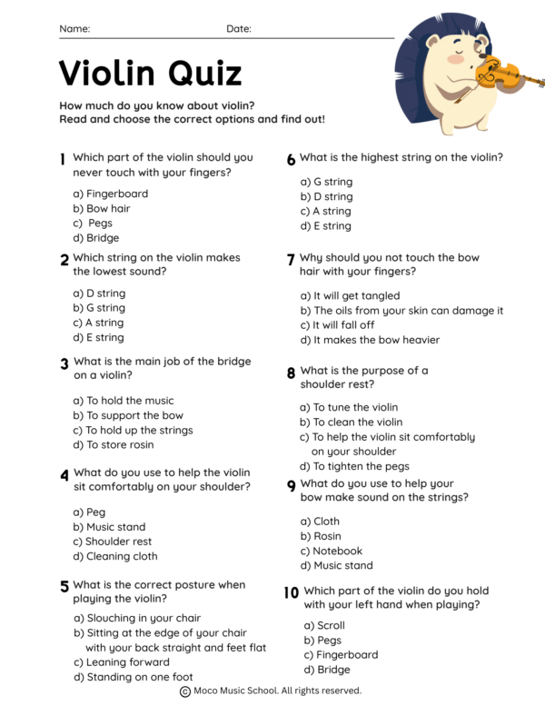 No Prep First Day of Violin Class- Quiz Worksheet, Answer Key, & Coloring Page